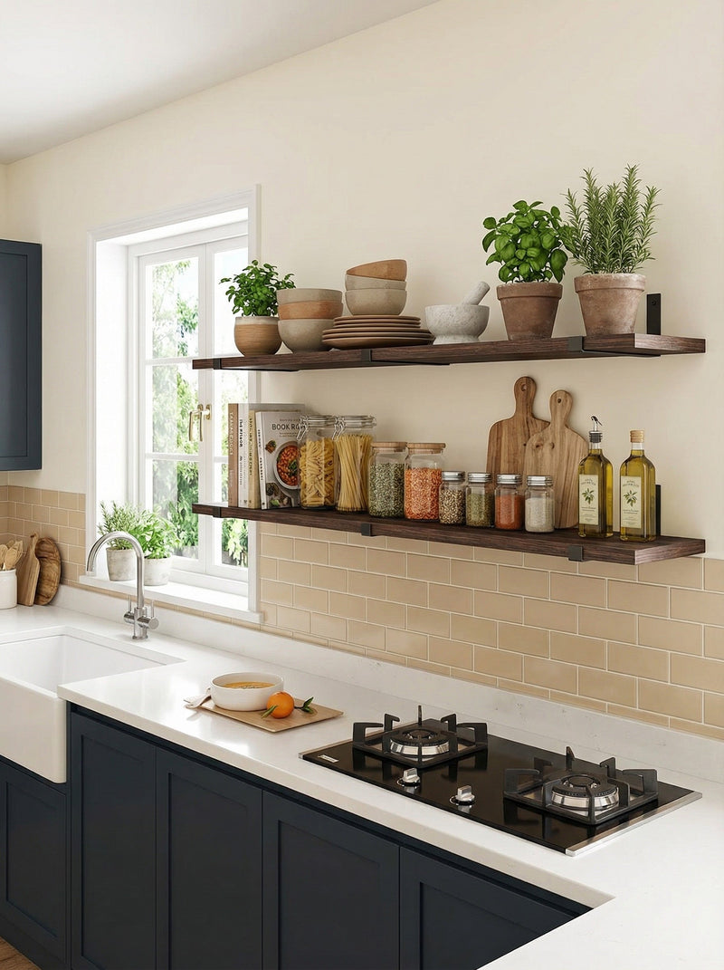 Rustic Wood Floating Wall Shelves with Metal Brackets
