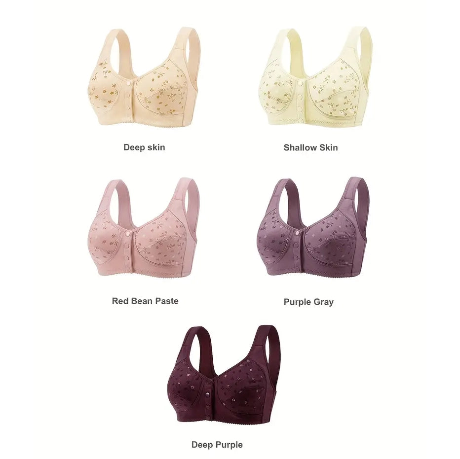 5-Pack: Large Size Soft Women's Printed Front Buckle Underwear, No Steel Ring Bra for Middle-aged and Elderly Women