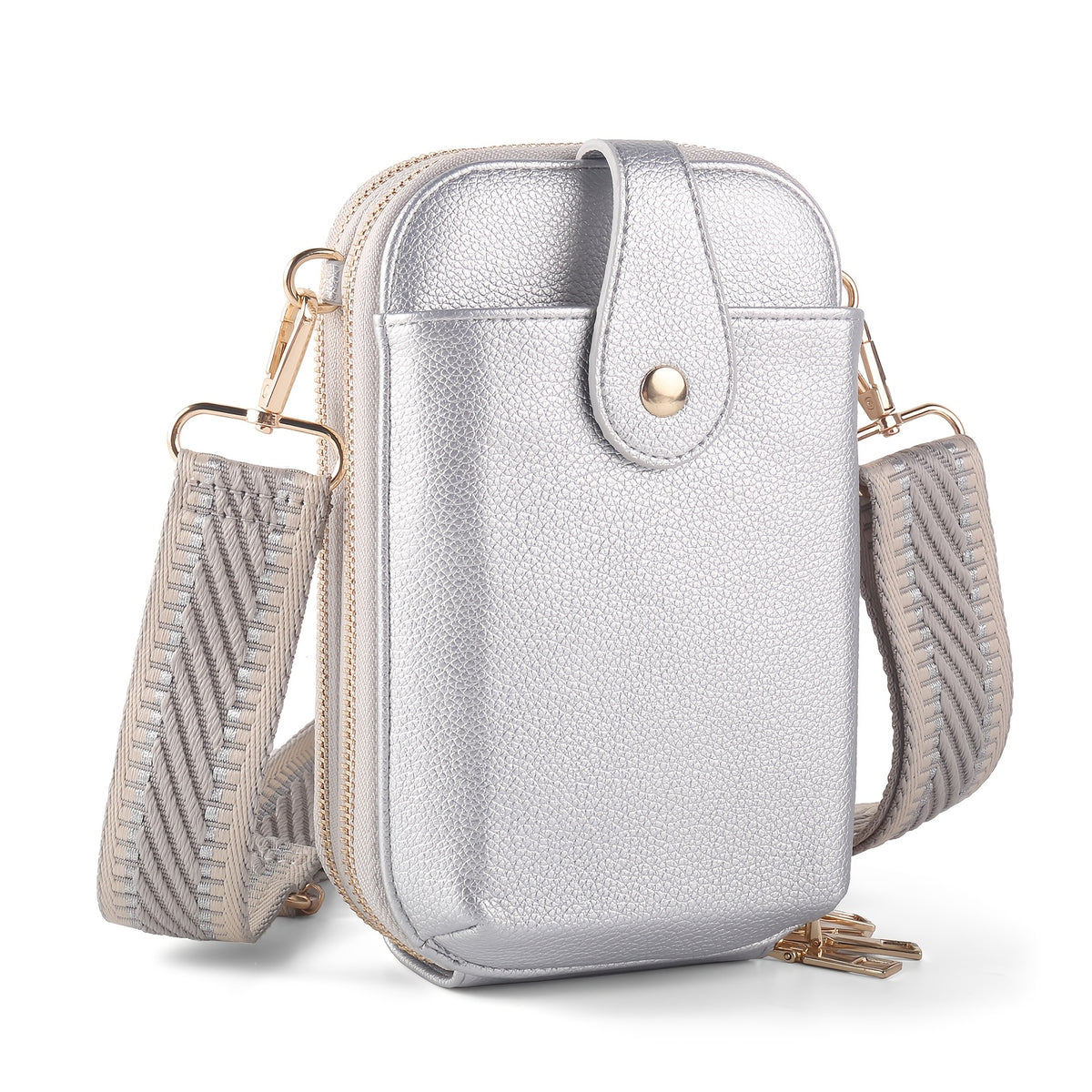 Silver phone crossbody bag with wide quilted strap
