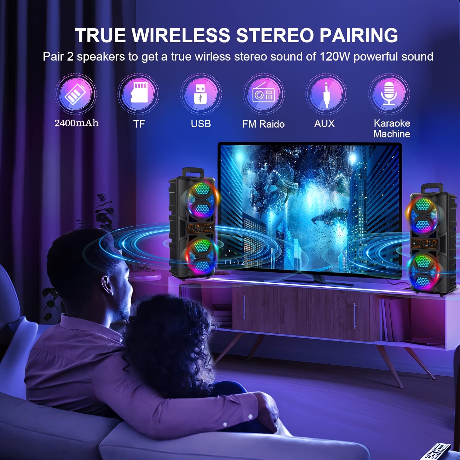 Portable Bluetooth Speaker with Subwoofer Bass, Dual 6.5" LED Woofers and Microphone