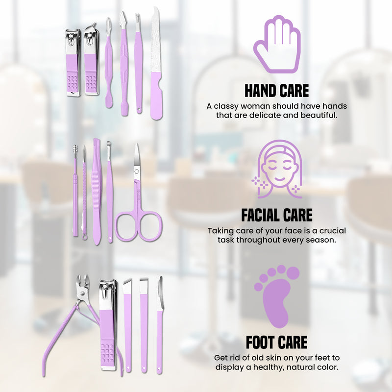 16-Piece: Stainless Steel Professional Manicure Pedicure Facial Set Grooming Kit with Leather Case