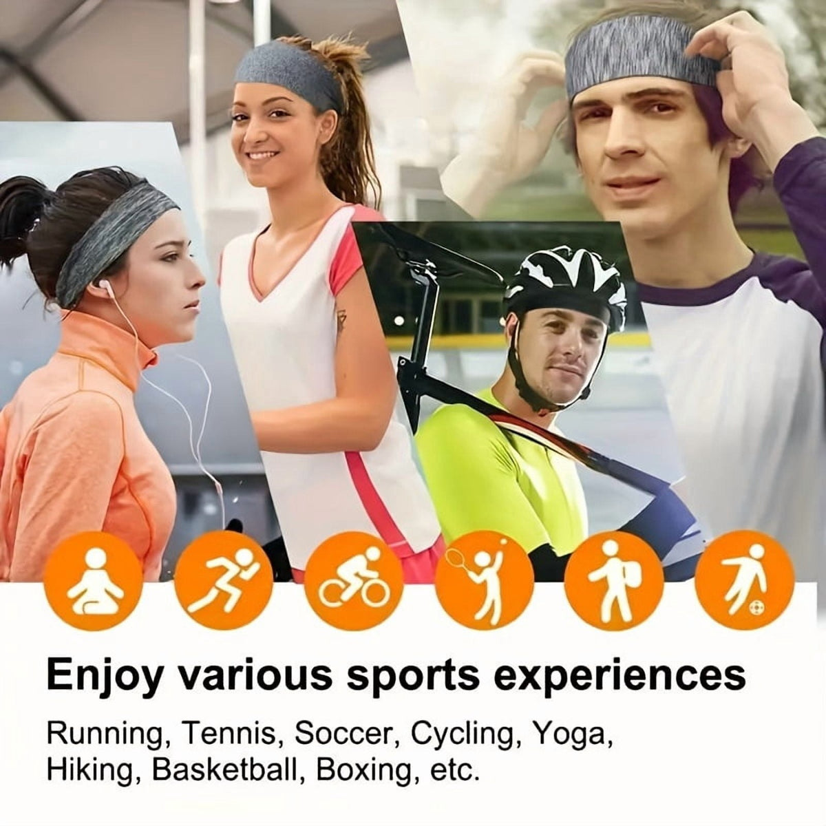 Men and women wearing grey headbands outdoors, with icons for yoga, running, cycling, tennis, basketball and football