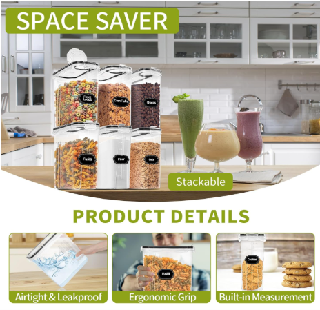 4-Piece Set: Airtight Cereal Storage Containers with Pour Spouts & Measuring Cup – 4L Kitchen Pantry Organizer