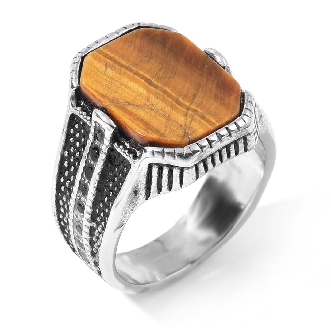 Men's Stainless Steel Genuine Tiger Eye Stone Silver Ring