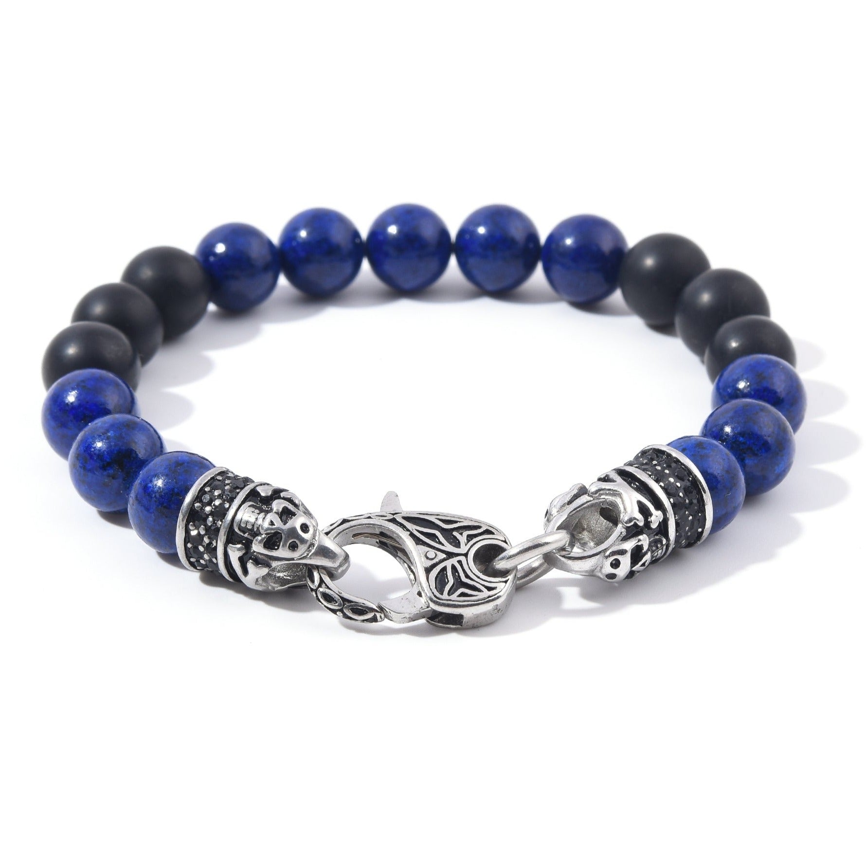 Genuine Black Matte Agate Lapis Stainless Steel Beaded Men's Bracelet