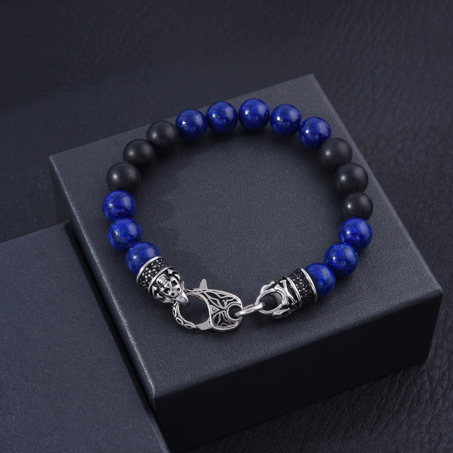 Genuine Black Matte Agate Lapis Stainless Steel Beaded Men's Bracelet