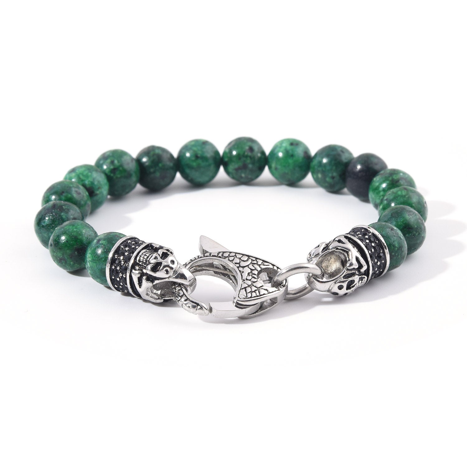 Genuine Indian Green Agate Stainless Steel Beaded Bracelet Black Cubic Zirconia