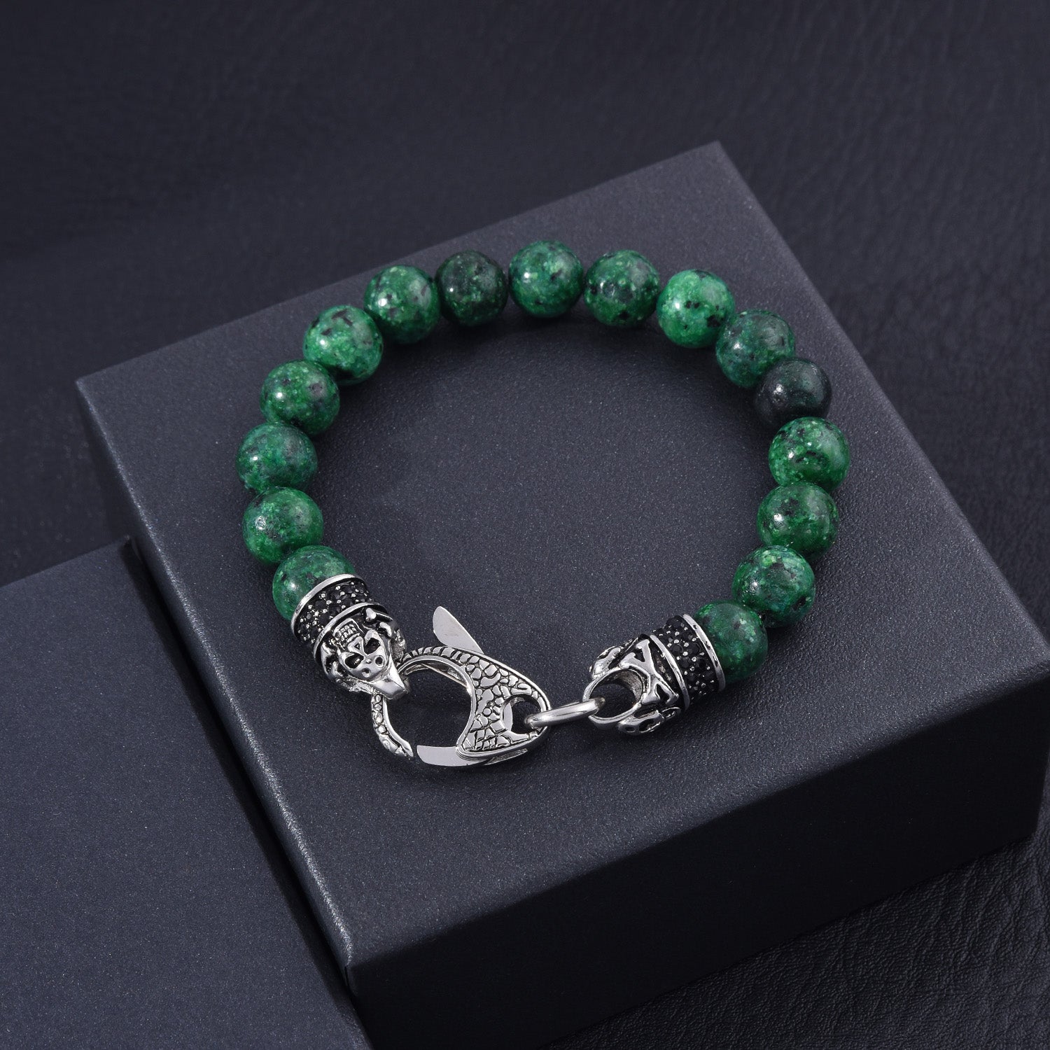 Genuine Indian Green Agate Stainless Steel Beaded Bracelet Black Cubic Zirconia