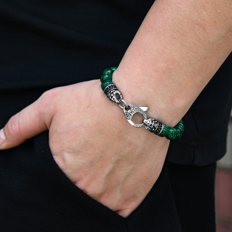 Genuine Indian Green Agate Stainless Steel Beaded Bracelet Black Cubic Zirconia