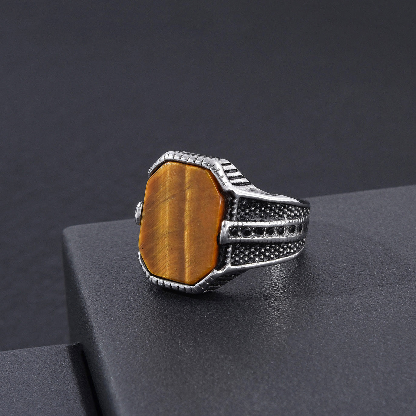 Men's Stainless Steel Genuine Tiger Eye Stone Silver Ring