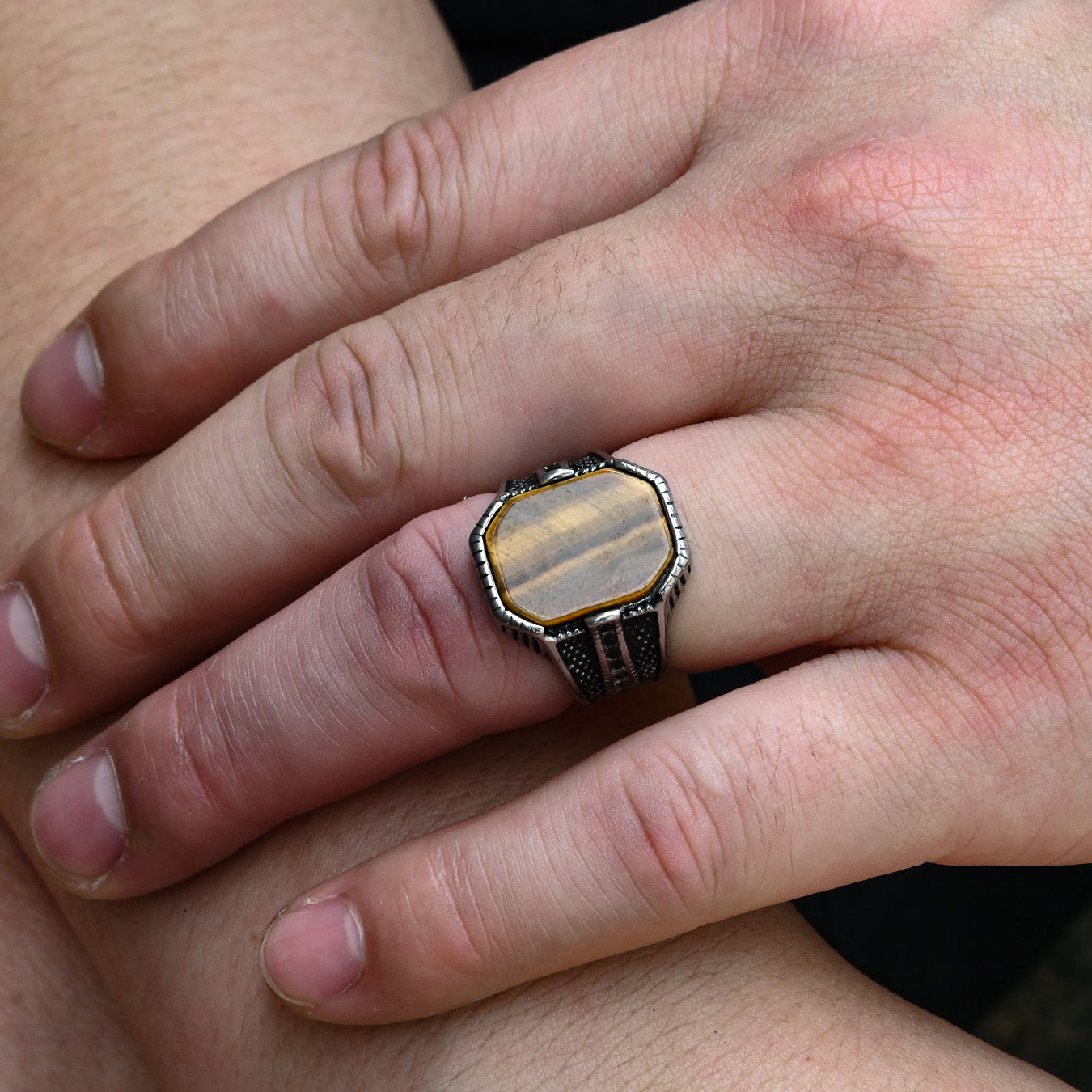 Men's Stainless Steel Genuine Tiger Eye Stone Silver Ring