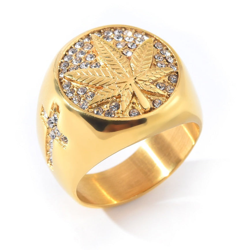 Stainless Steel Marijuana Leaf Cannabis Pot Cross Crystal Men's Ring