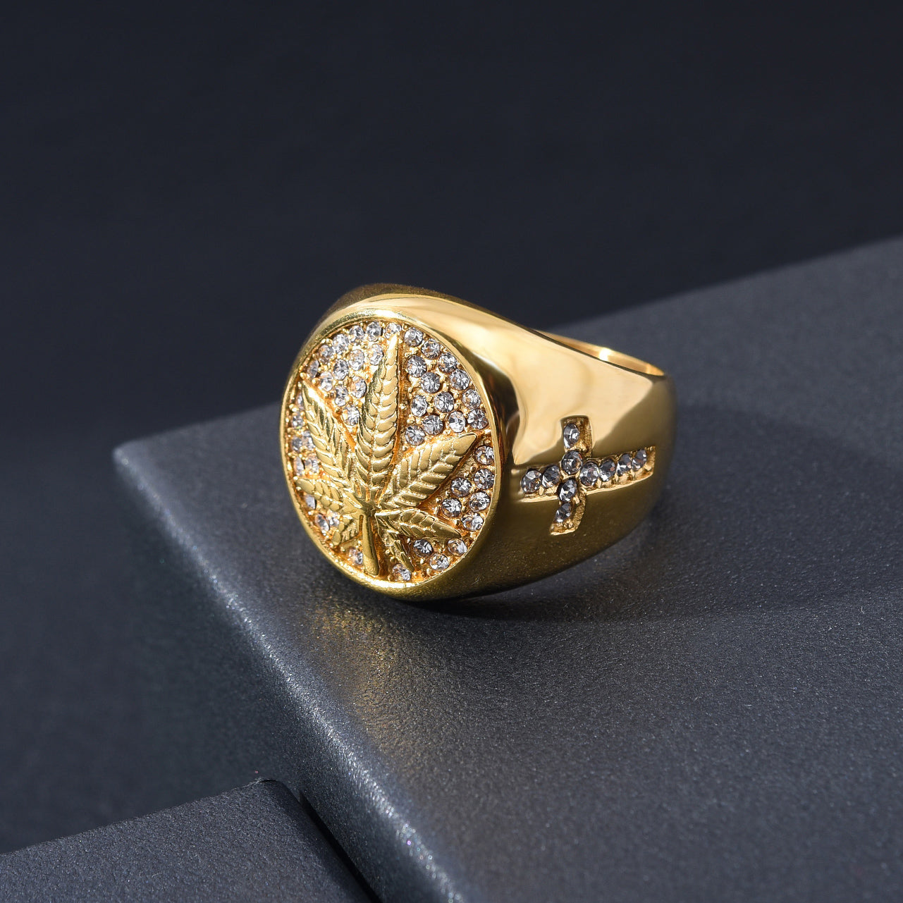 Stainless Steel Marijuana Leaf Cannabis Pot Cross Crystal Men's Ring