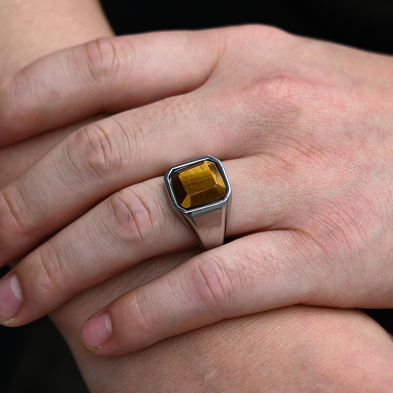 Mens Stainless Steel Genuine Tiger Eye Stone Silver Ring