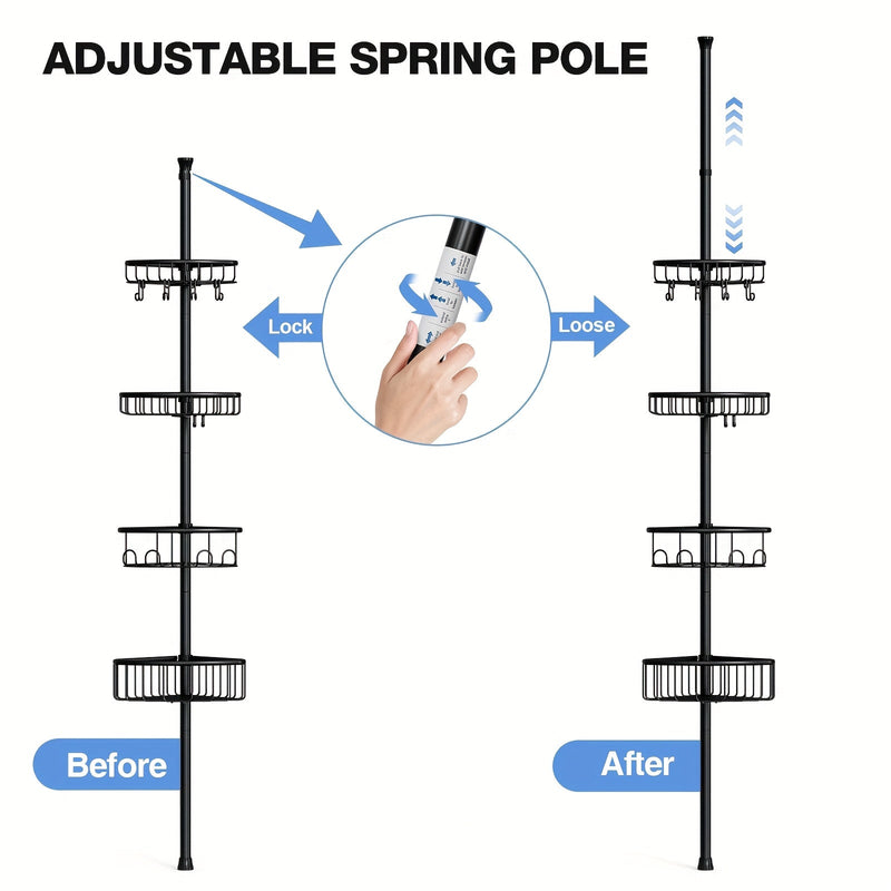 4-Tier Corner Shower Organizer Telescopic Pole Rustproof Bathroom Storage Black