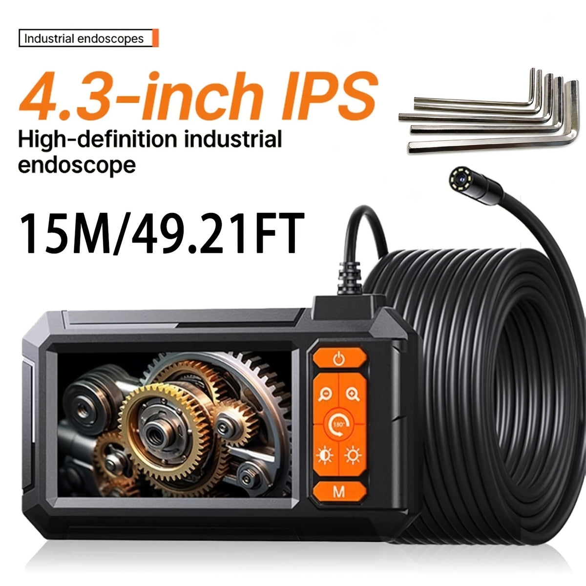 4.3 inch screen endoscope with coiled semi-rigid cable and hex key accessories