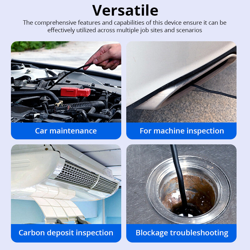 Four uses shown: car maintenance, machine inspection, carbon deposit checking and drain blockages
