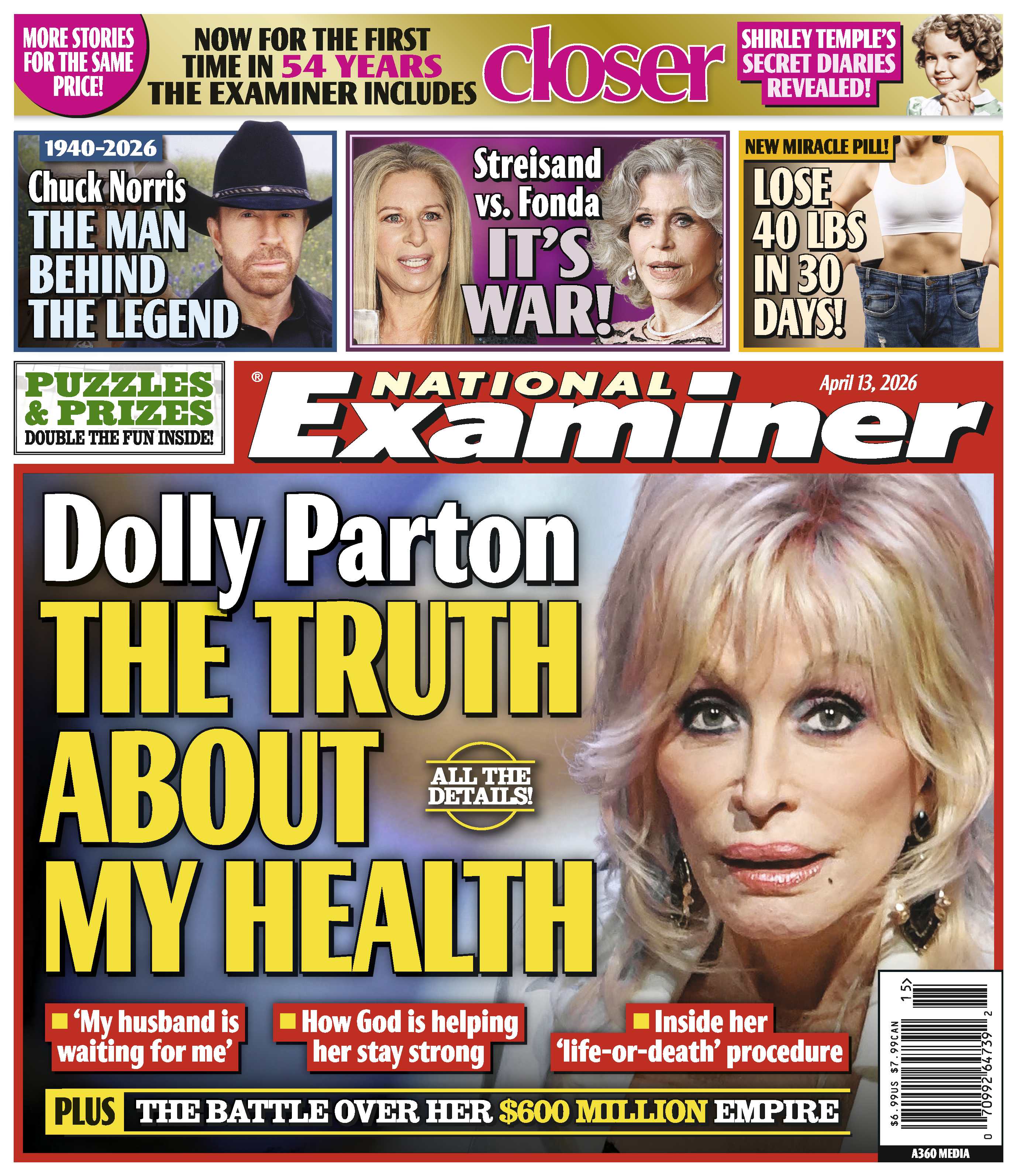 National Examiner - 04.13.26: The Truth About Dolly Parton's Health & Battle Over Her $600M Empire, Remembering Chuck Norris, War Between Streisand & Fonda, Shirley Temple's Secret Diaries & More!