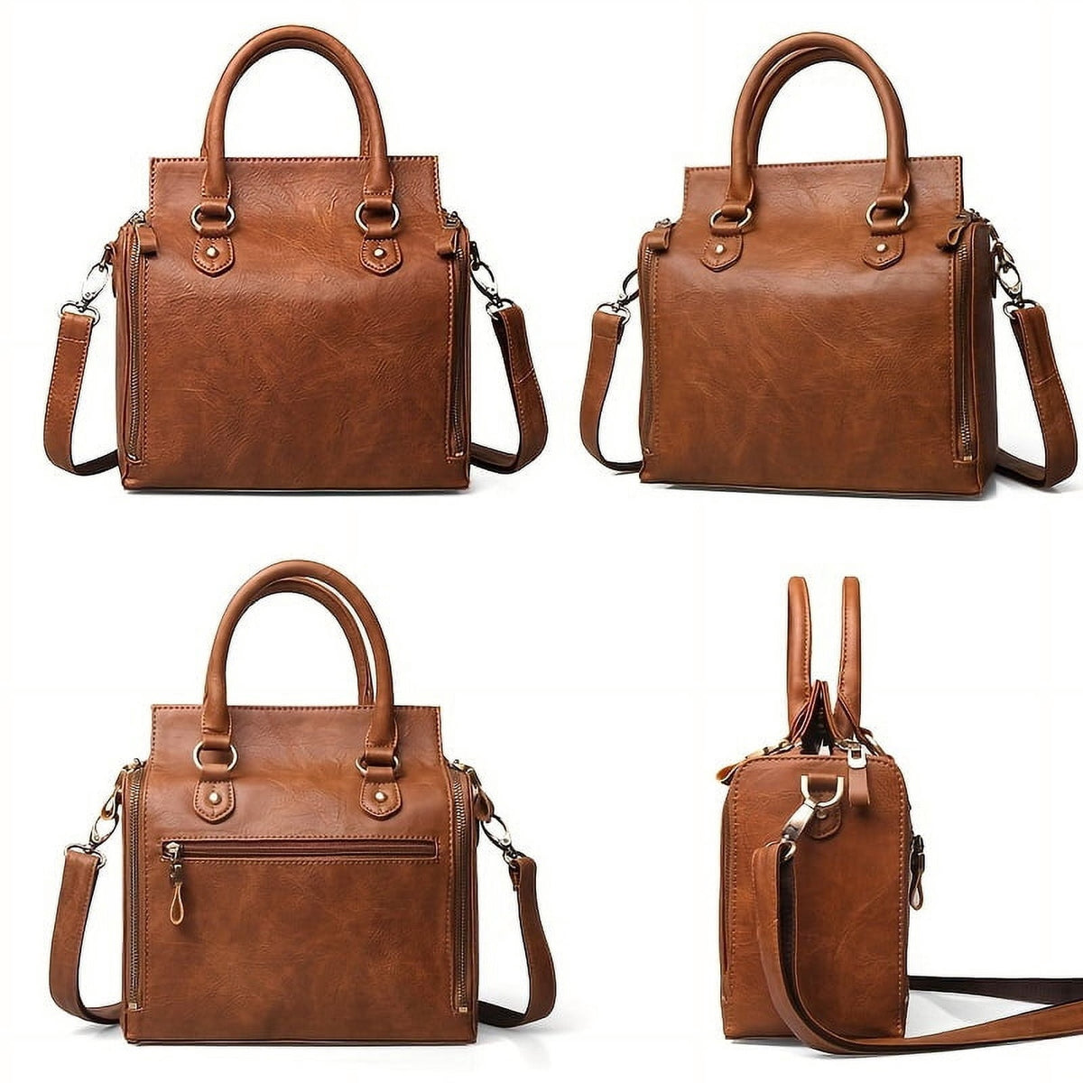 Four views of the bag: front, side with strap, back zip pocket and profile