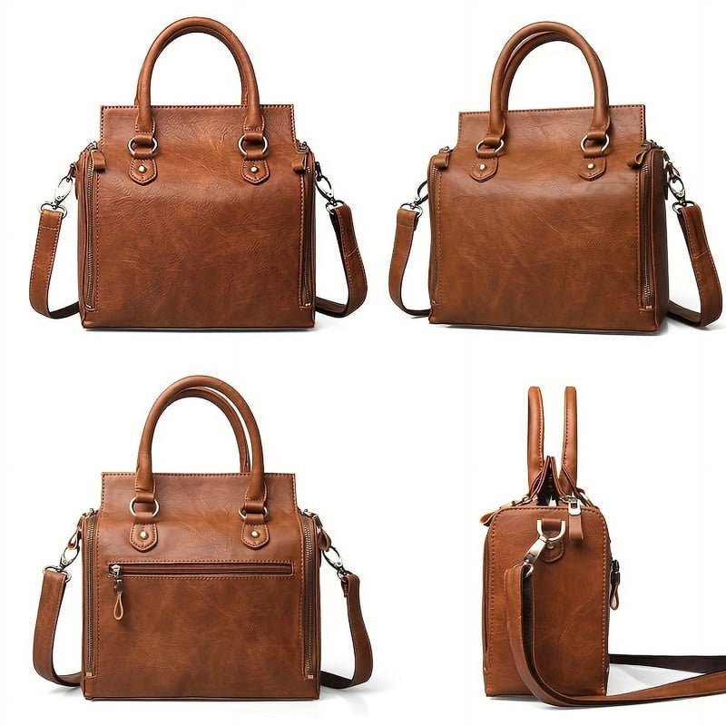 Four views of the bag: front, side with strap, back zip pocket and profile