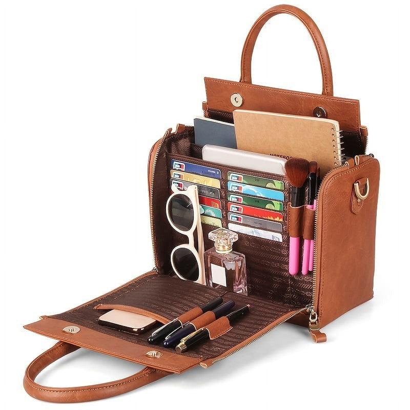 Both sides folded down, showing rows of card slots, pen loops and open pockets loaded with cards, glasses and brushes