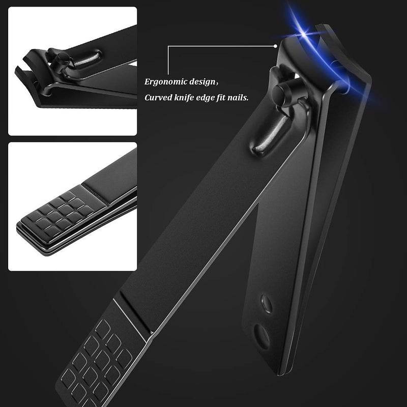 Close view of the nail clipper: curved cutting edge, flip-out lever and a textured file on the underside