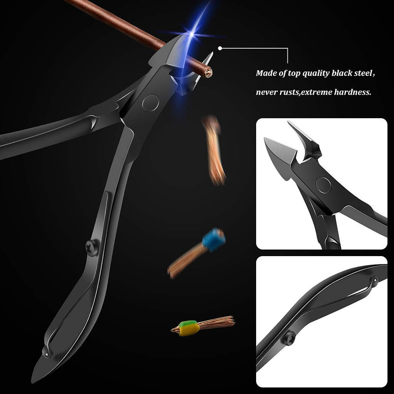 The cuticle nipper in black steel, shown with its blade profile and curved handle