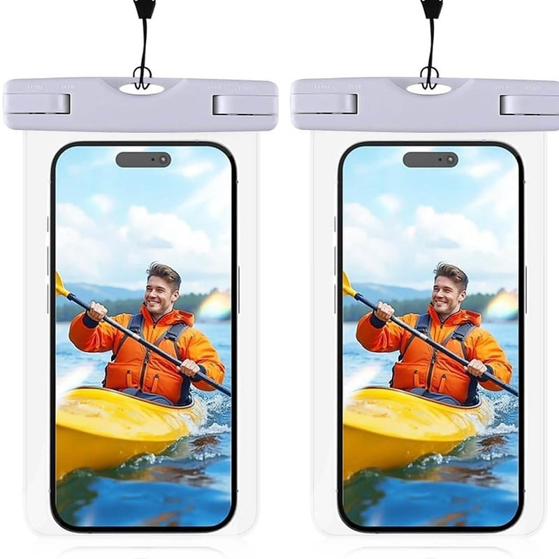 Two clear waterproof pouches with snap-lock bars and lanyards, each holding a phone
