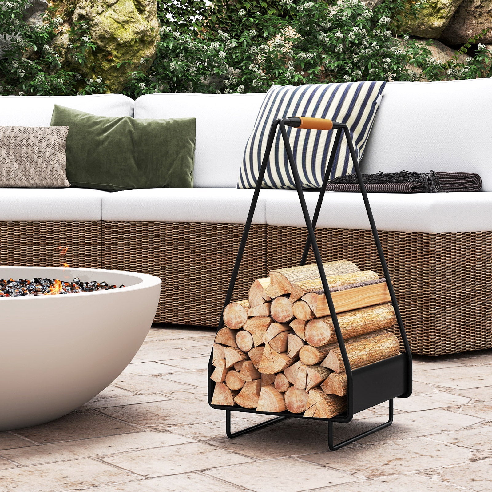 Firewood Storage Rack Heavy-duty Metal Log Holder with Handle and Square Rack