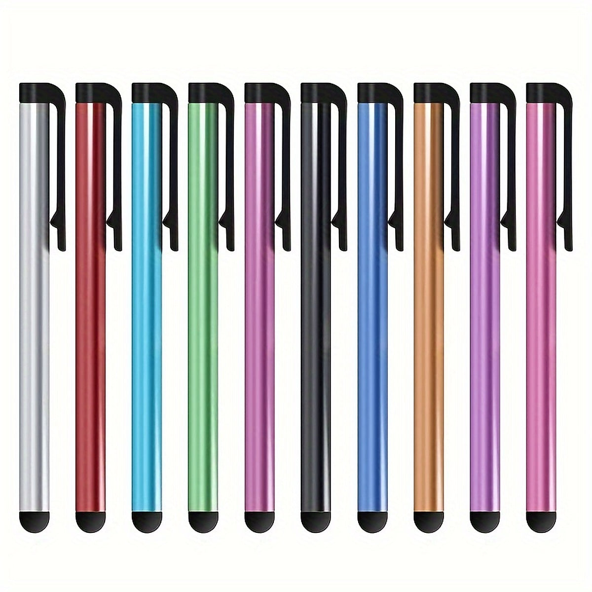 Ten stylus pens standing in a row in assorted colors, each with a black clip, cap and rubber tip