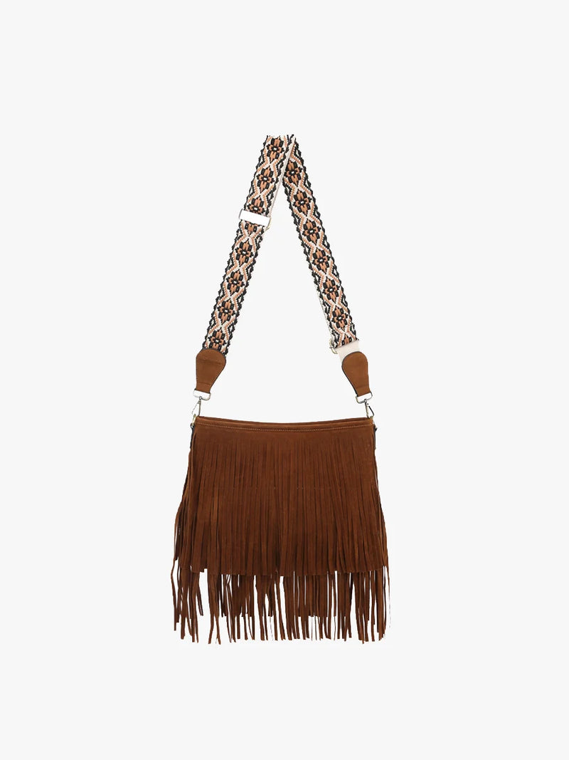 Sadie Dark Brown Suede Fringe Crossbody w/ Guitar Strap Purse