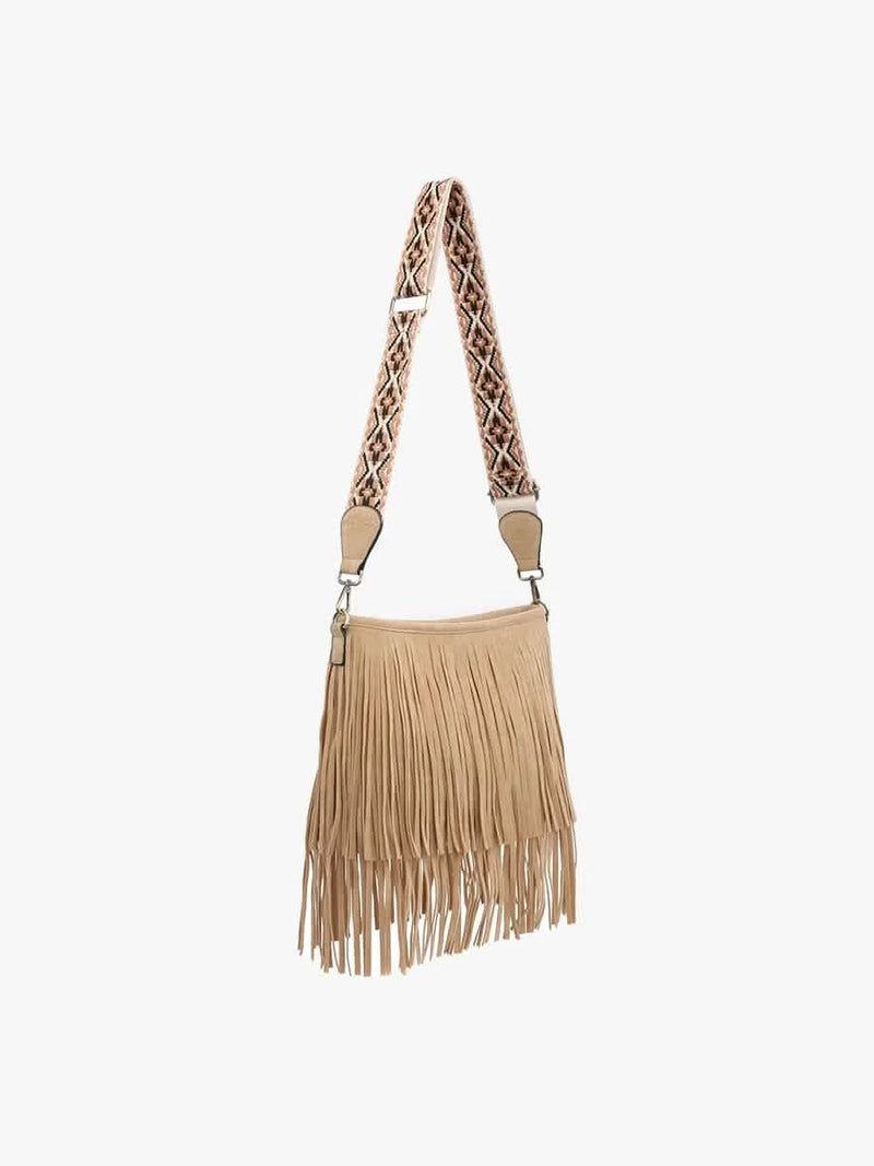 Sadie Light Brown Suede Fringe Crossbody w/ Guitar Strap Purse