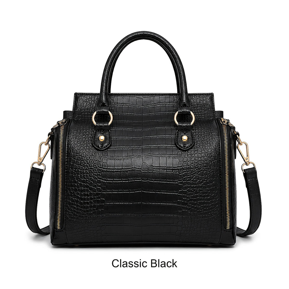 The bag in Classic Black, front view with the crossbody strap attached