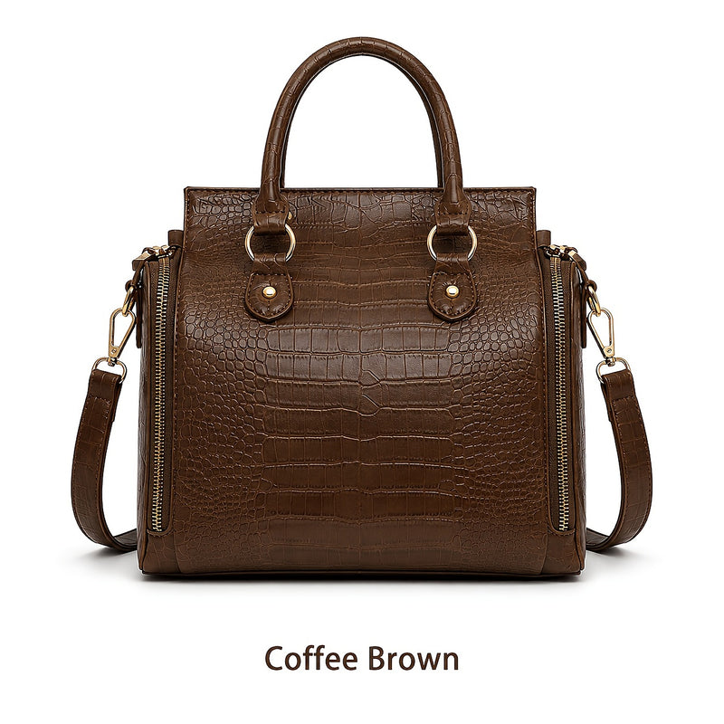 The bag in Coffee Brown, front view with the crossbody strap attached