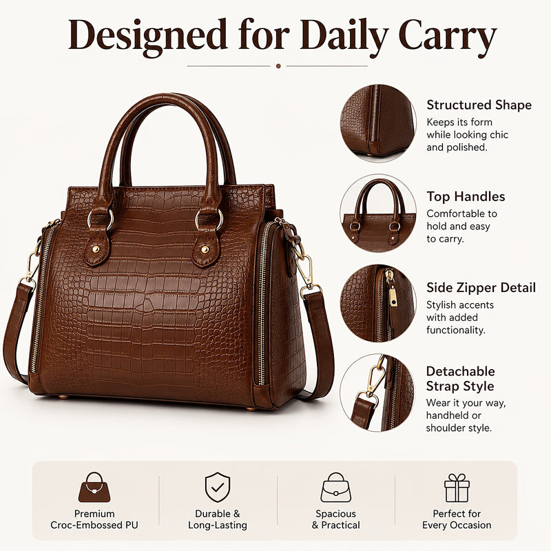 Features called out: structured shape, top handles, side zipper detail and detachable strap