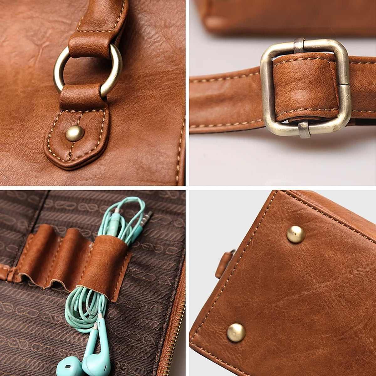 Hardware close-ups: the O-ring at the handle, the strap buckle, the elastic cable loops inside and a riveted corner