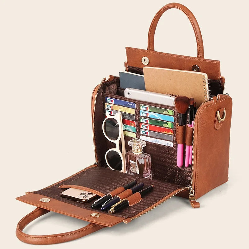 Both panels folded down with cards, sunglasses, perfume, brushes and pens in their slots