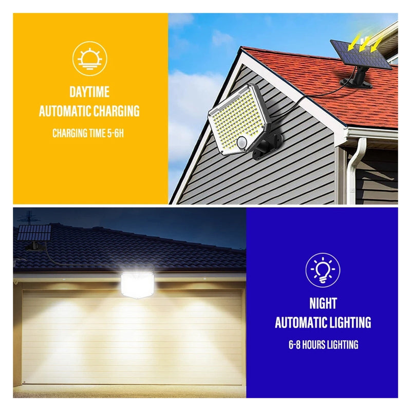 Panel charging on a roof by day and the lamp lighting a garage door at night