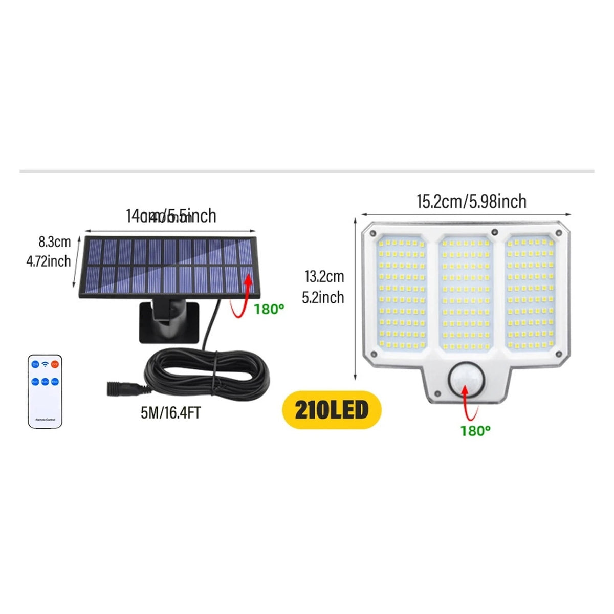 210 LED dimension diagram: lamp 15.2 x 13.2 cm, panel 14 cm wide, 5 m cord, 180 degree pivot on both