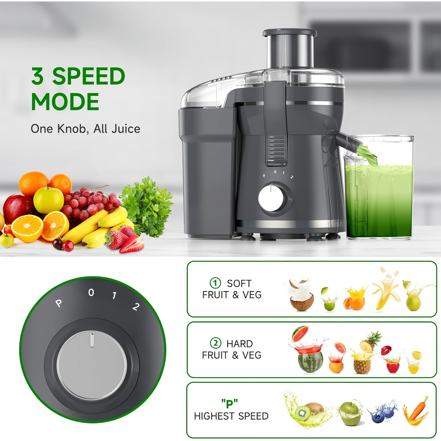 500W Centrifugal Juicer Machine 3 Speed Wide Mouth Fruit Vegetable Extractor