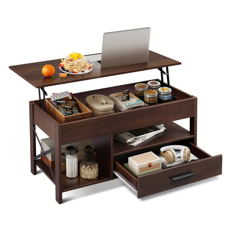 Lift Top Coffee Table w/Hidden Storage Drawer Shelf Retro Wood Living Room Table
