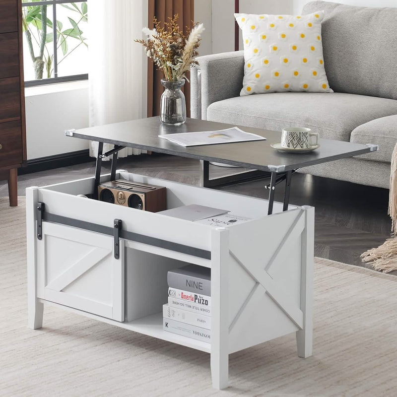 Lift Top Coffee Table 36" Farmhouse Rustic Wood Hidden Storage & Sliding Barn