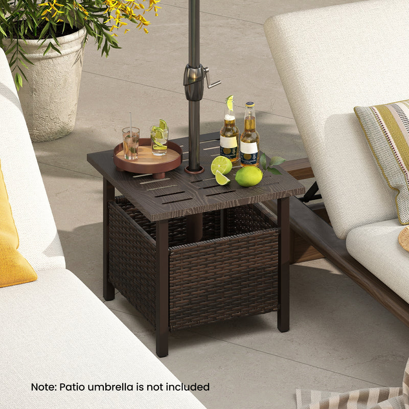 Outdoor Side Table All-Weather PE Wicker Patio Table with Umbrella Hole