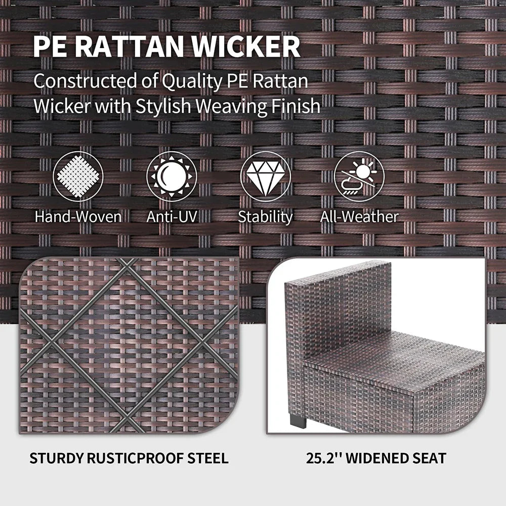 7-Piece PE Rattan Sectional Patio Set, Wicker Outdoor Sofa With Cushions & Glass Coffee Table, Conversation Furniture For Garden