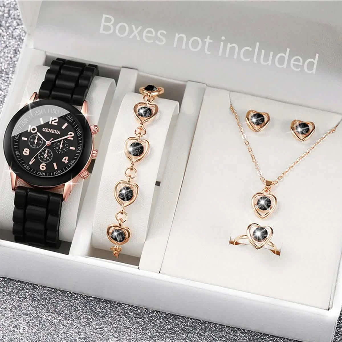 5/6-Piece Women's Quartz Watch Jewelry Gift Set – Silicone Band Watch with Bracelet, Necklace & Earrings