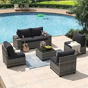 8-Piece Patio Furniture Set with 44" Fire Pit Table, Wicker Rattan Outdoor Sectional Sofa with Coffee Table and Thickened Cushions