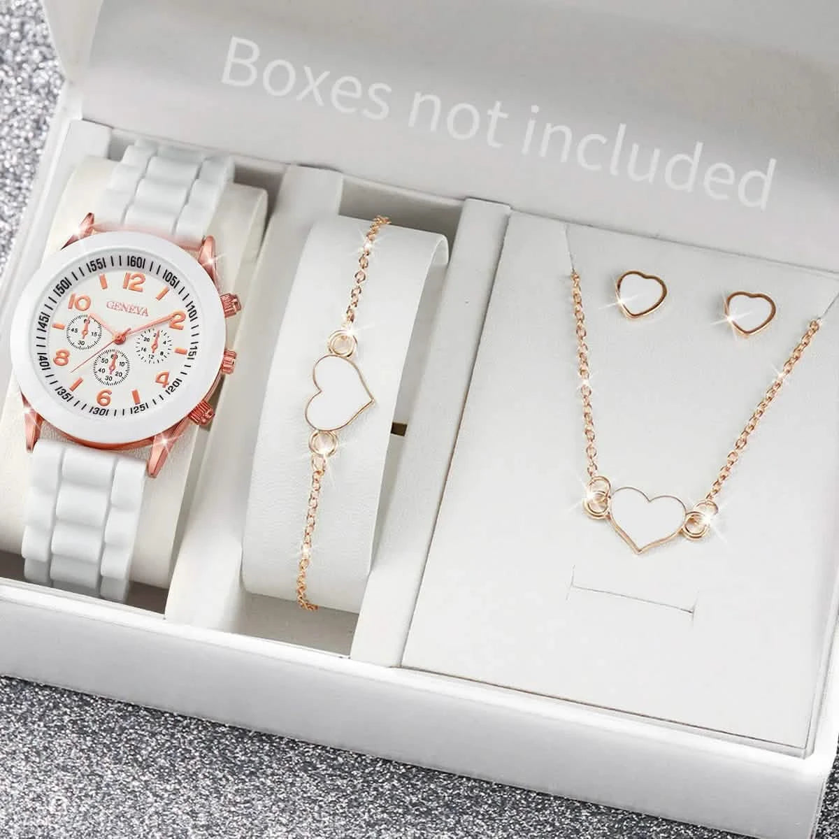 5/6-Piece Women's Quartz Watch Jewelry Gift Set – Silicone Band Watch with Bracelet, Necklace & Earrings