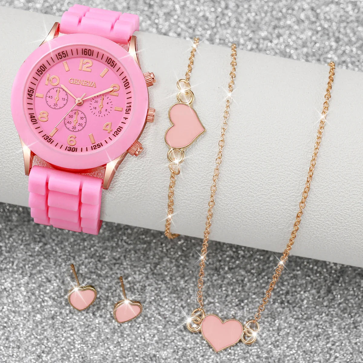 5/6-Piece Women's Quartz Watch Jewelry Gift Set – Silicone Band Watch with Bracelet, Necklace & Earrings