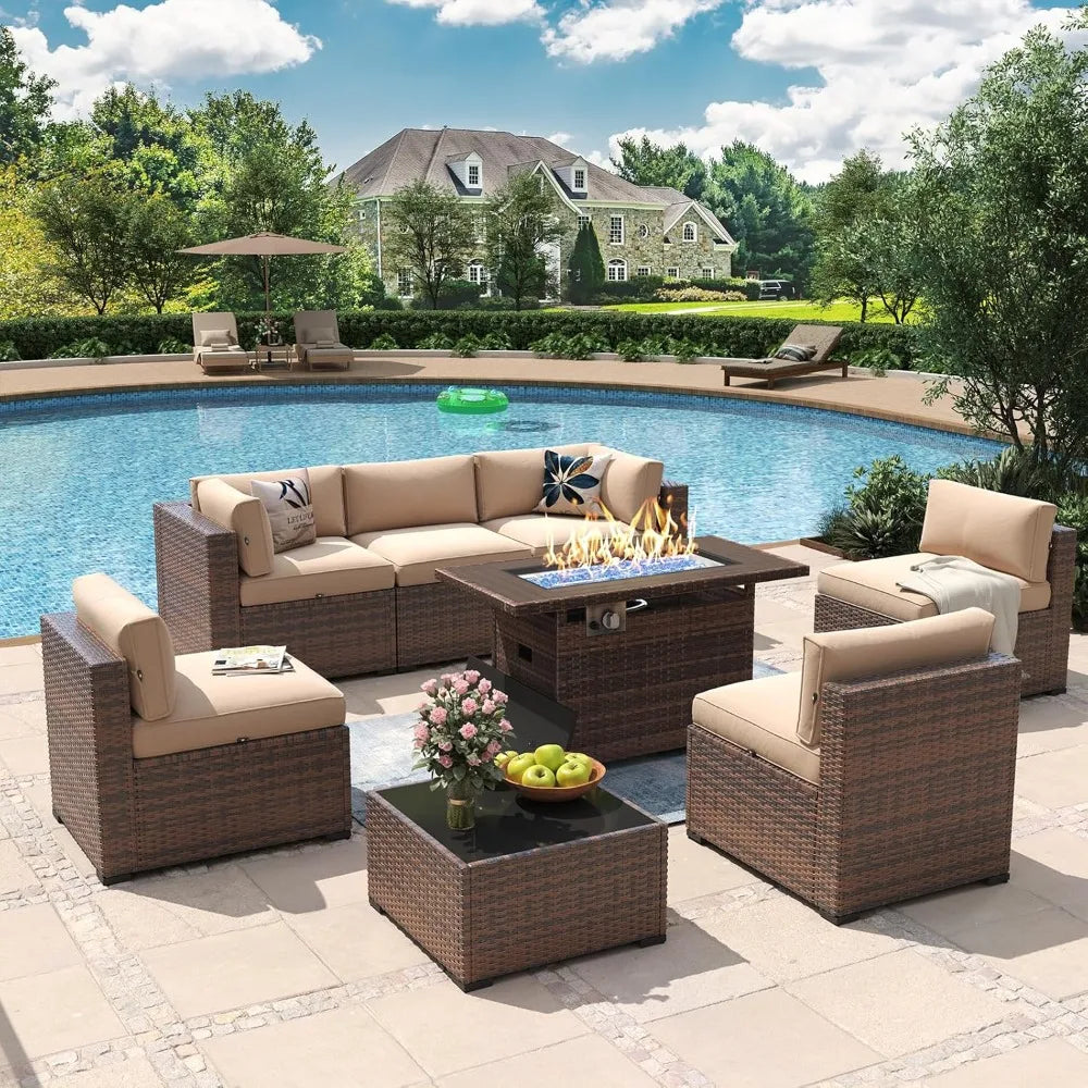 8-Piece Patio Furniture Set with 44" Fire Pit Table, Wicker Rattan Outdoor Sectional Sofa with Coffee Table and Thickened Cushions