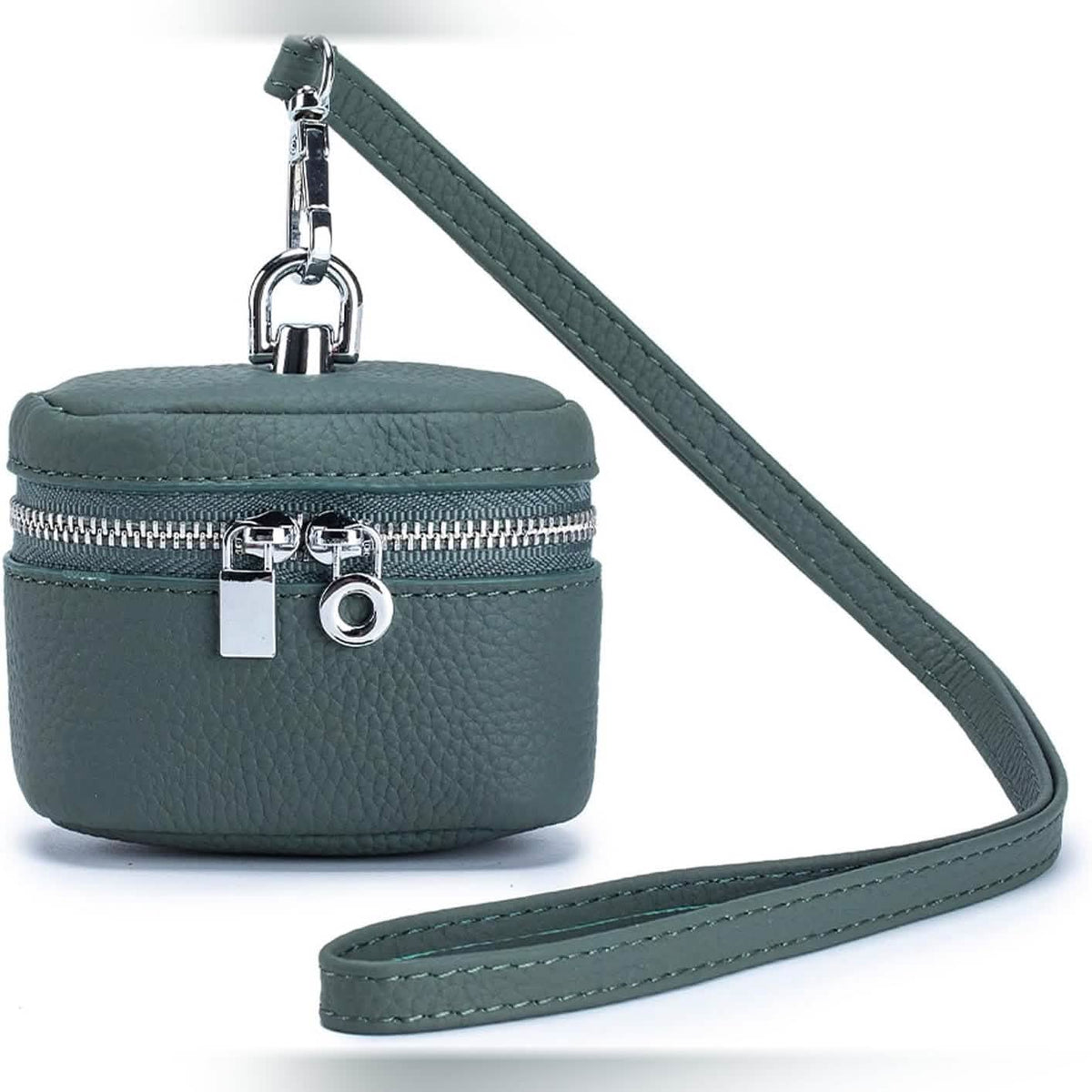 Dark green mini leather coin purse with detachable lanyard